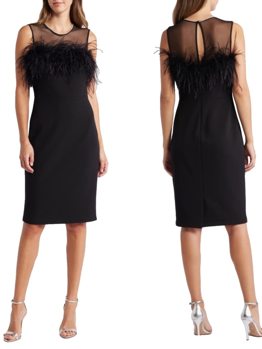 NEW ELIZA J Black FEATHER TRIM Illusion Neck SHEATH Cocktail DRESS US 4